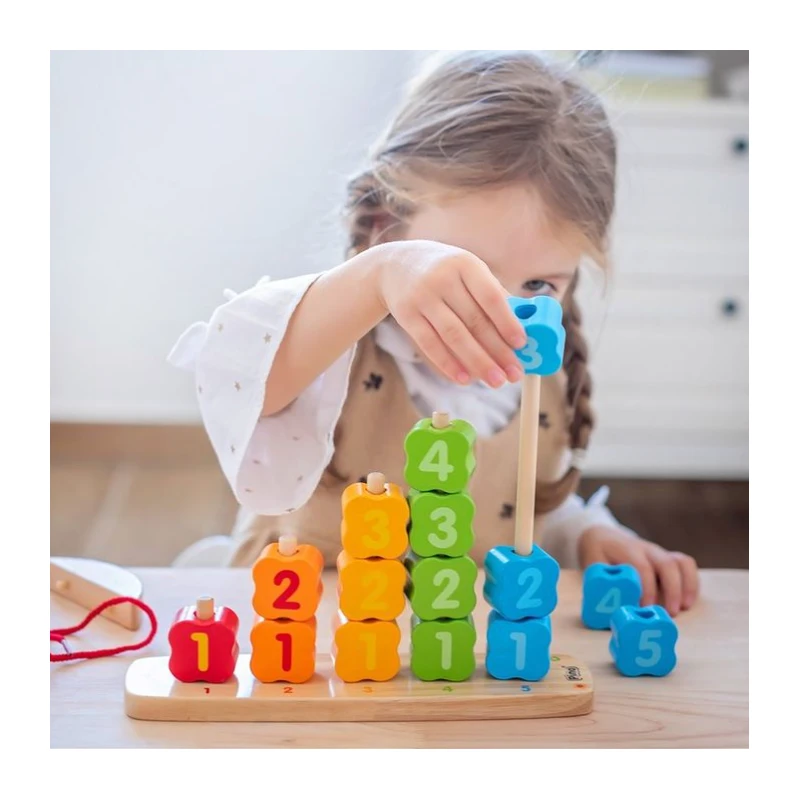 Дървена дидактическа играчка Pino, 3 в 1, За низане, сортиране и баланс